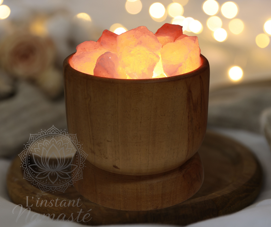 Lampe de Sel Bol en Bois & Cristaux de Sel de l’Himalaya