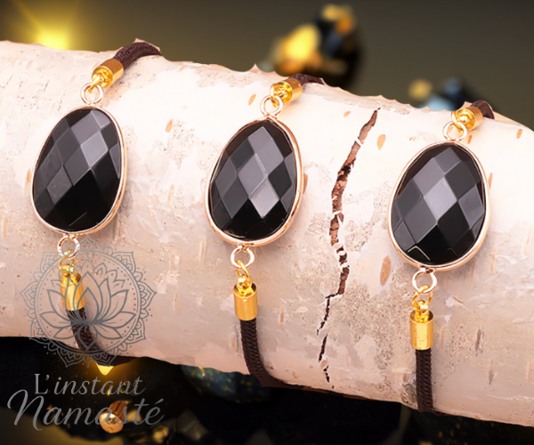 đ Bracelet cordon rĂ©glable en Obsidienne Noire đ