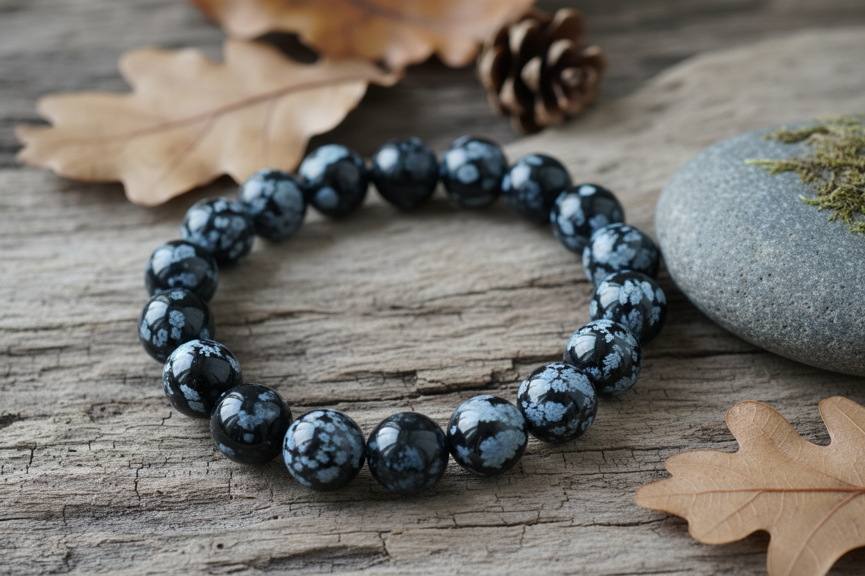bracelet boule obsidienne flocon de neige, fond nature