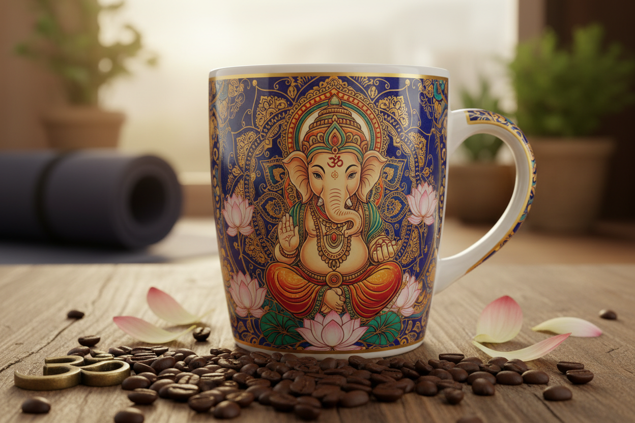 Mug à café, mandalas, grains de café , Ganesh , lotus