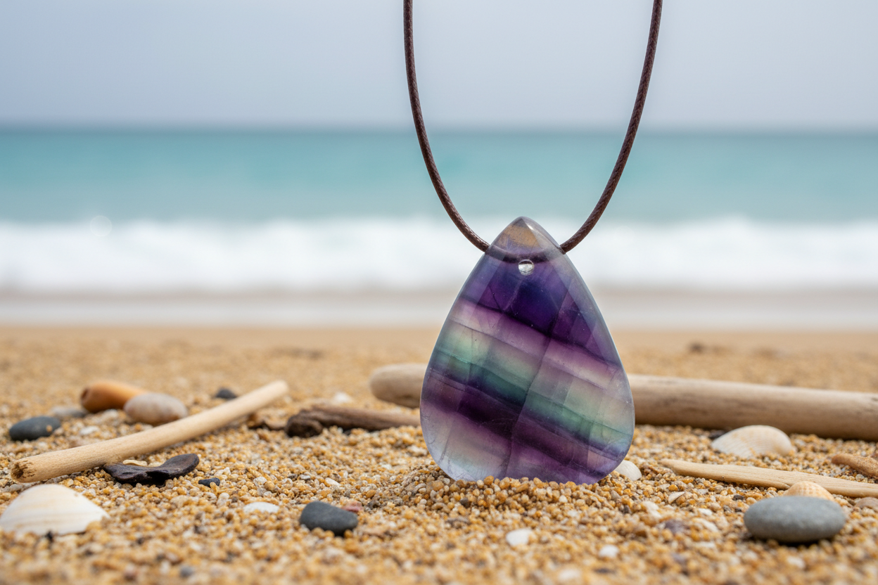 PENDENTIF PIERRE PERCĂE FORME GOUTTE FLUORINE RAINBOW VIOLETTE , fond nature plage
