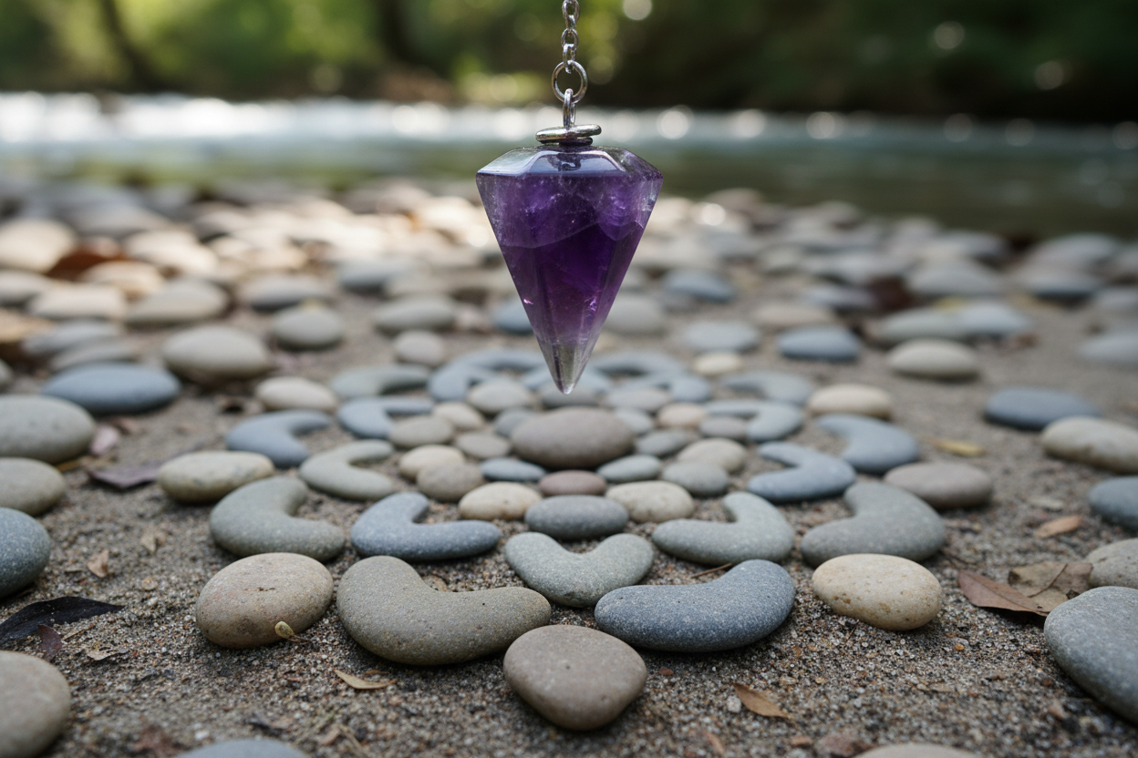 Pendule hexagonal en améthyste du Brésil, fond nature galet mandala