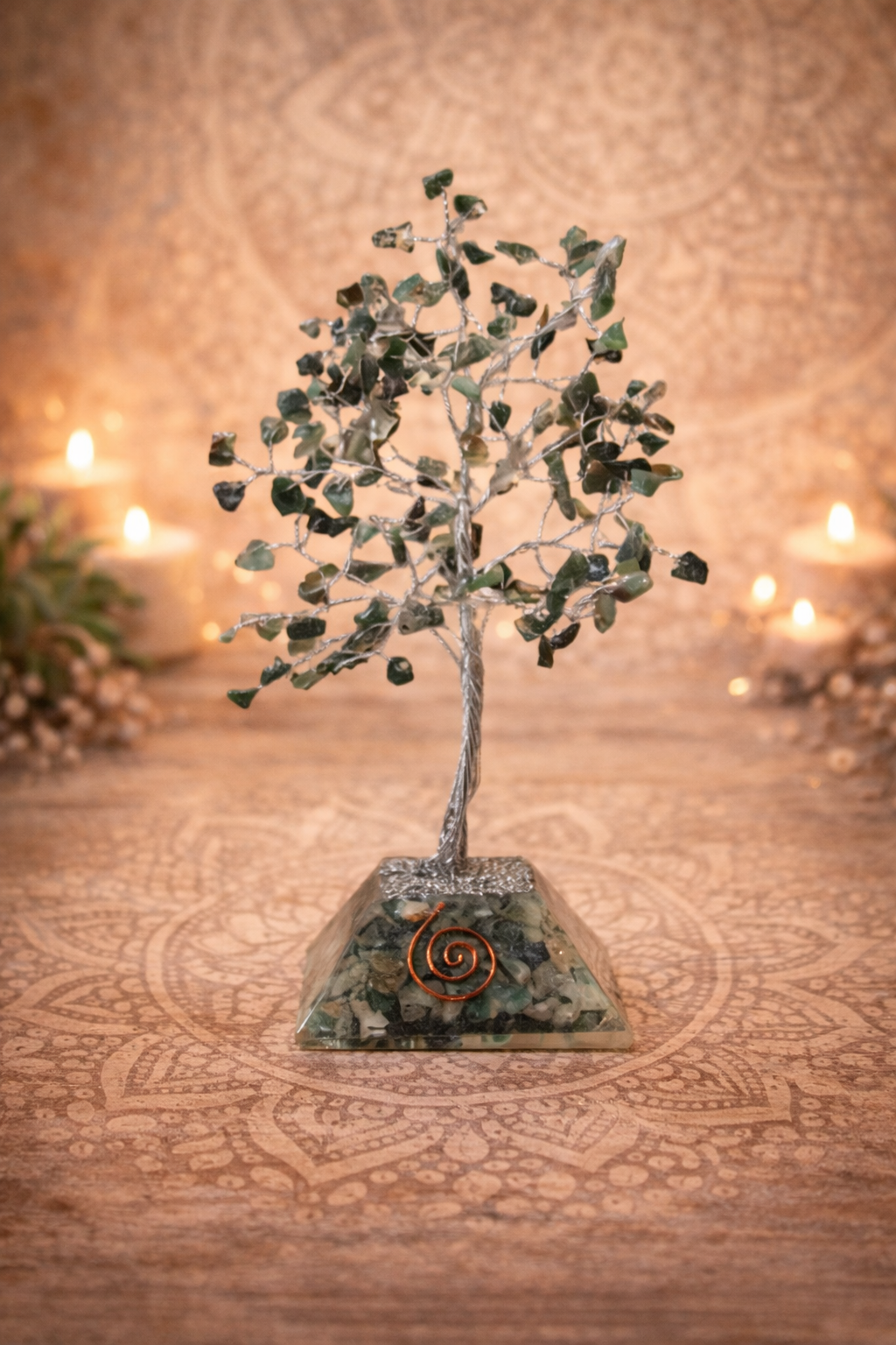 🌳 Arbre à Pierres Précieuses & Base en Orgonite - Agate Mousse