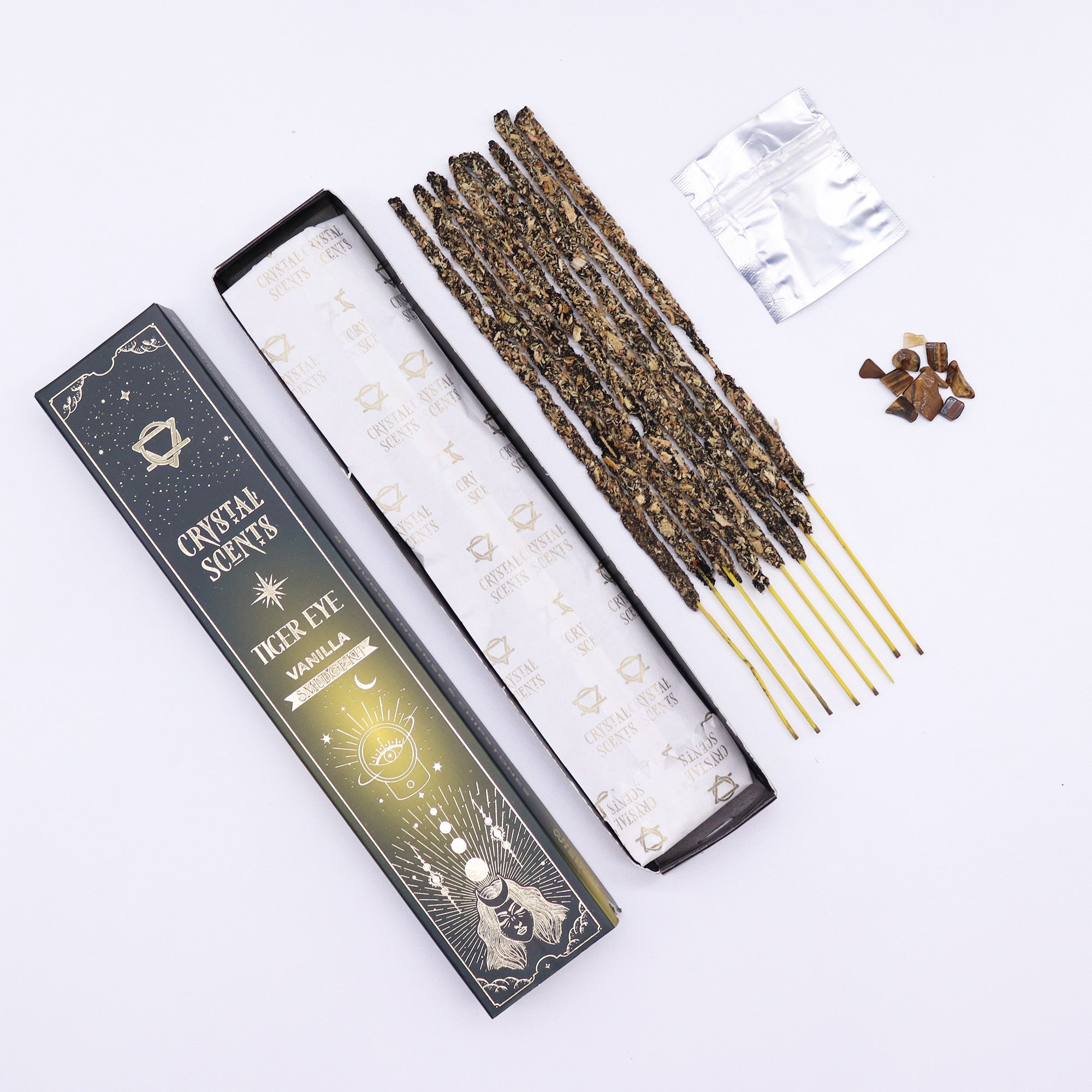 💛 Coffret Encens & Cristal d’Œil de Tigre – Vanille