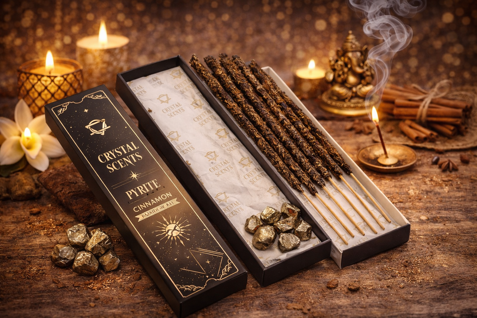 ✨ Coffret Encens & Cristal de Pyrite – Cannelle