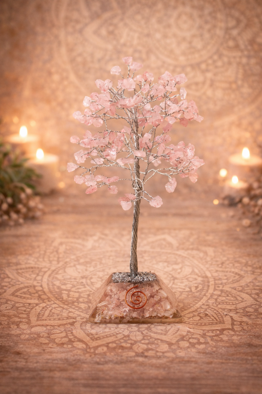 🌸 Arbre à Pierres Précieuses & Base en Orgonite - Quartz Rose