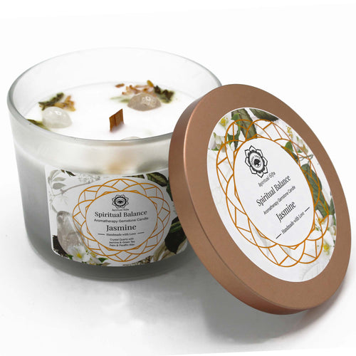 Bougie au Jasmin et Gemmes de Cristal de Quartz - Équilibre Spirituel