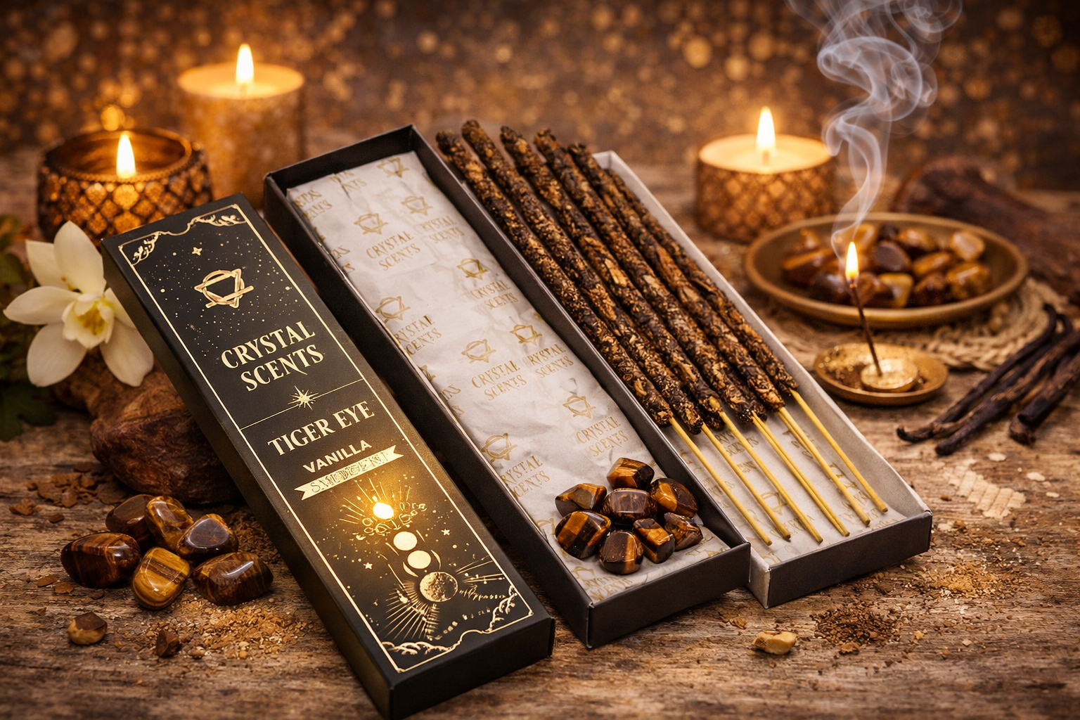 💛 Coffret Encens & Cristal d’Œil de Tigre – Vanille