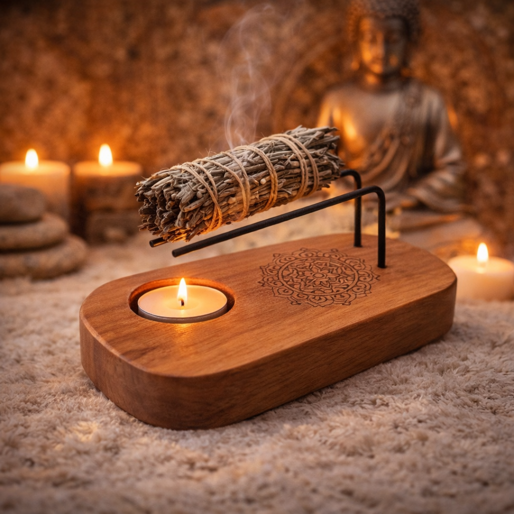 🌿 Support Palo Santo & Sauge – Mandala Bois de Teck ✨ Fabrication artisanale – Indonésie 🇮🇩 ✨ L’Instant Namasté – Herve