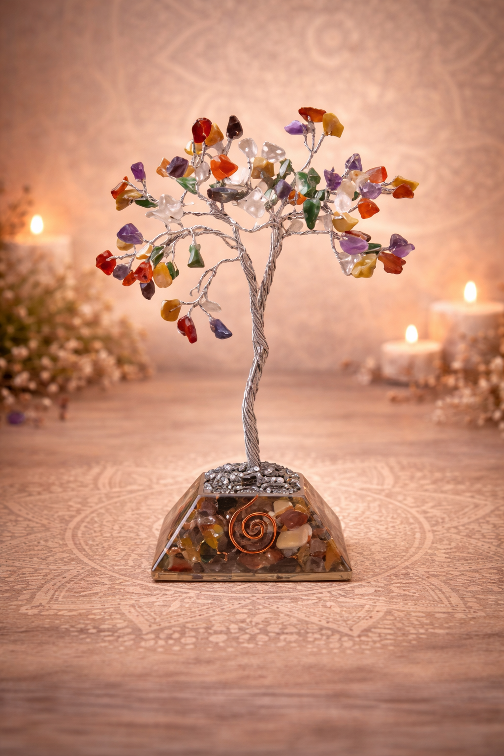 Arbre à Pierres Précieuses avec Base en Orgonite - 80 Pierres - Multi