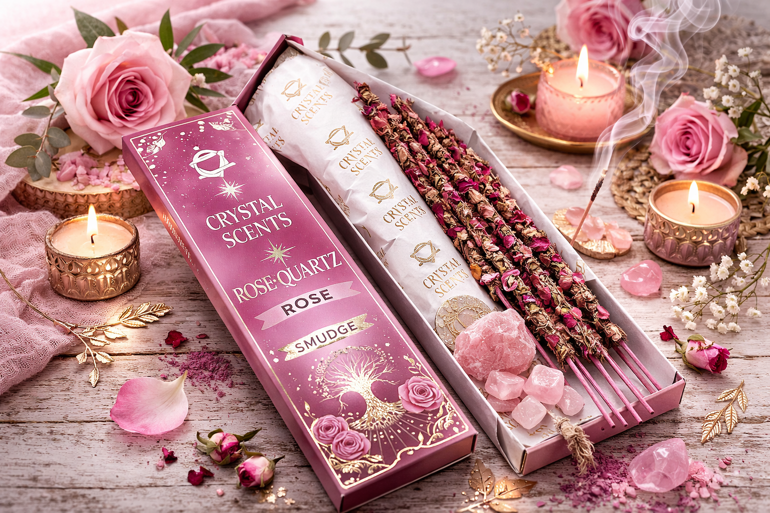 💗 Coffret Encens & Cristal de Quartz Rose – Rose