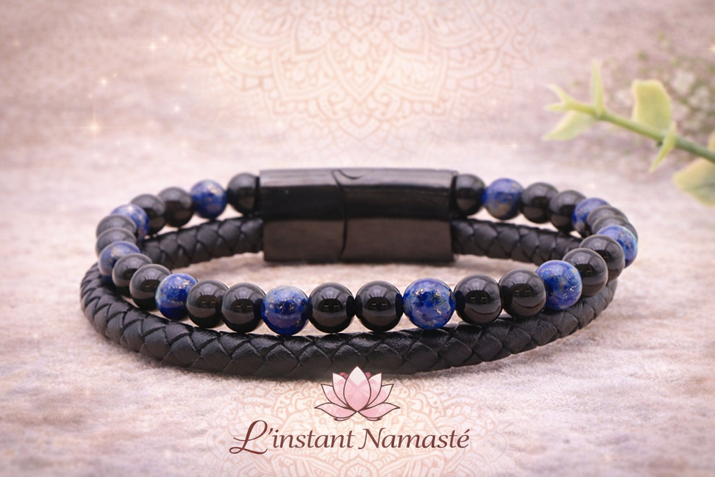 🖤 Bracelet Aska — Cuir Noir • Lapis-Lazuli • Onyx