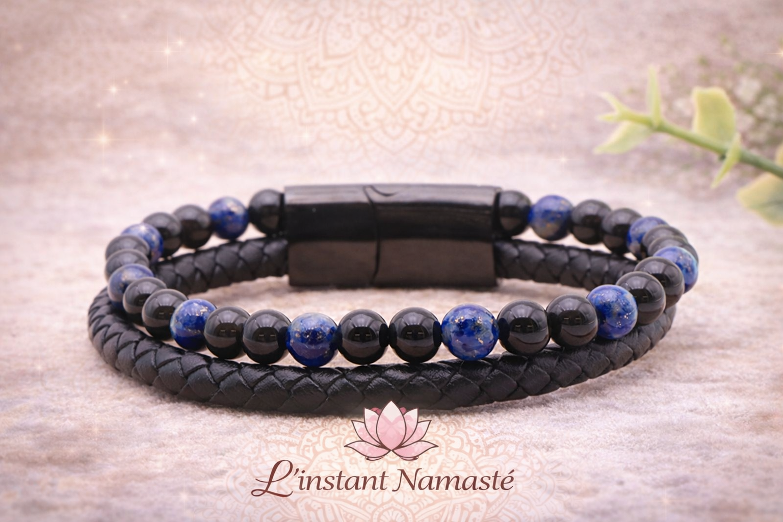 🖤 Bracelet Aska — Cuir Noir • Lapis-Lazuli • Onyx