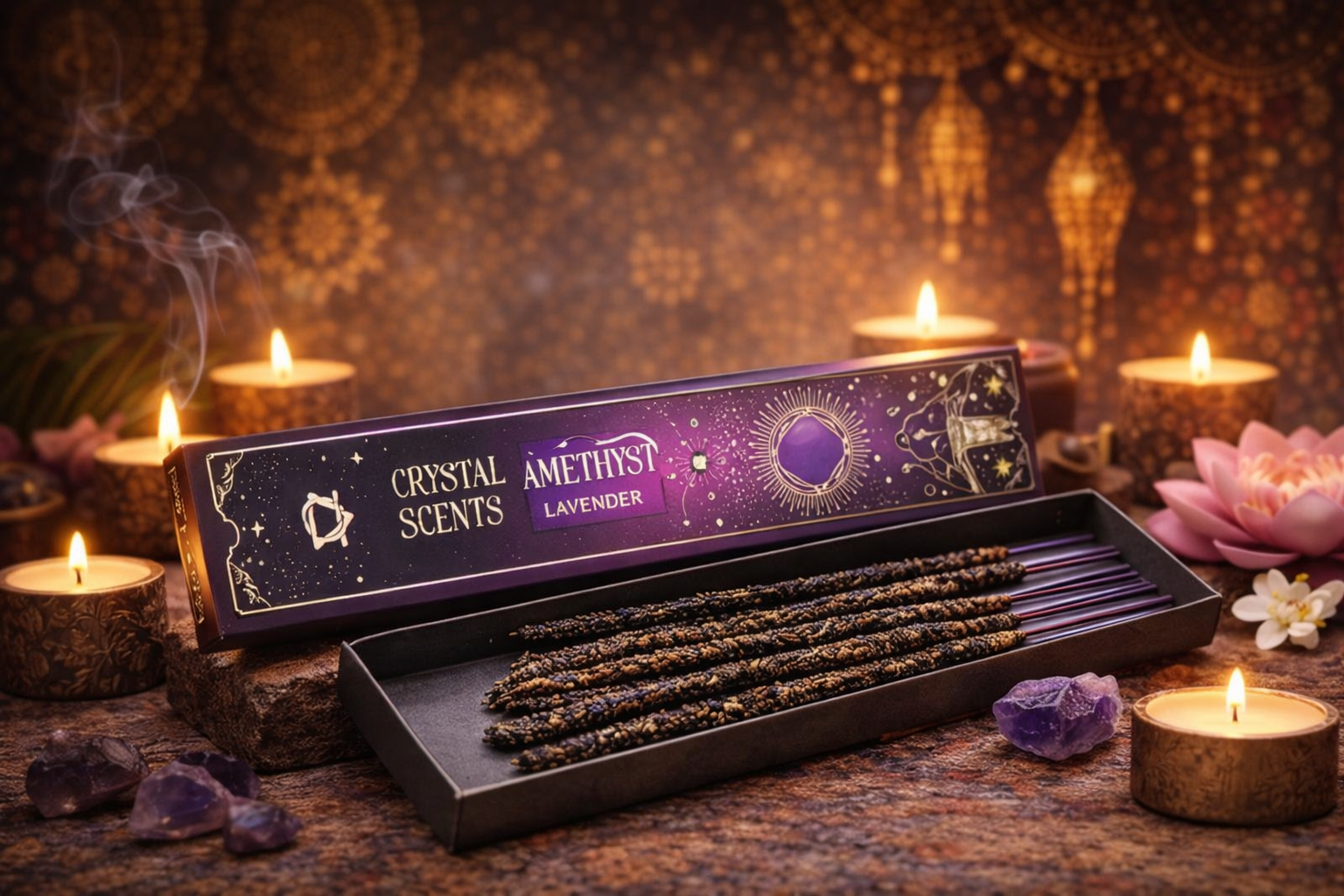 💜 Coffret Encens & Cristal d’Améthyste – Lavande