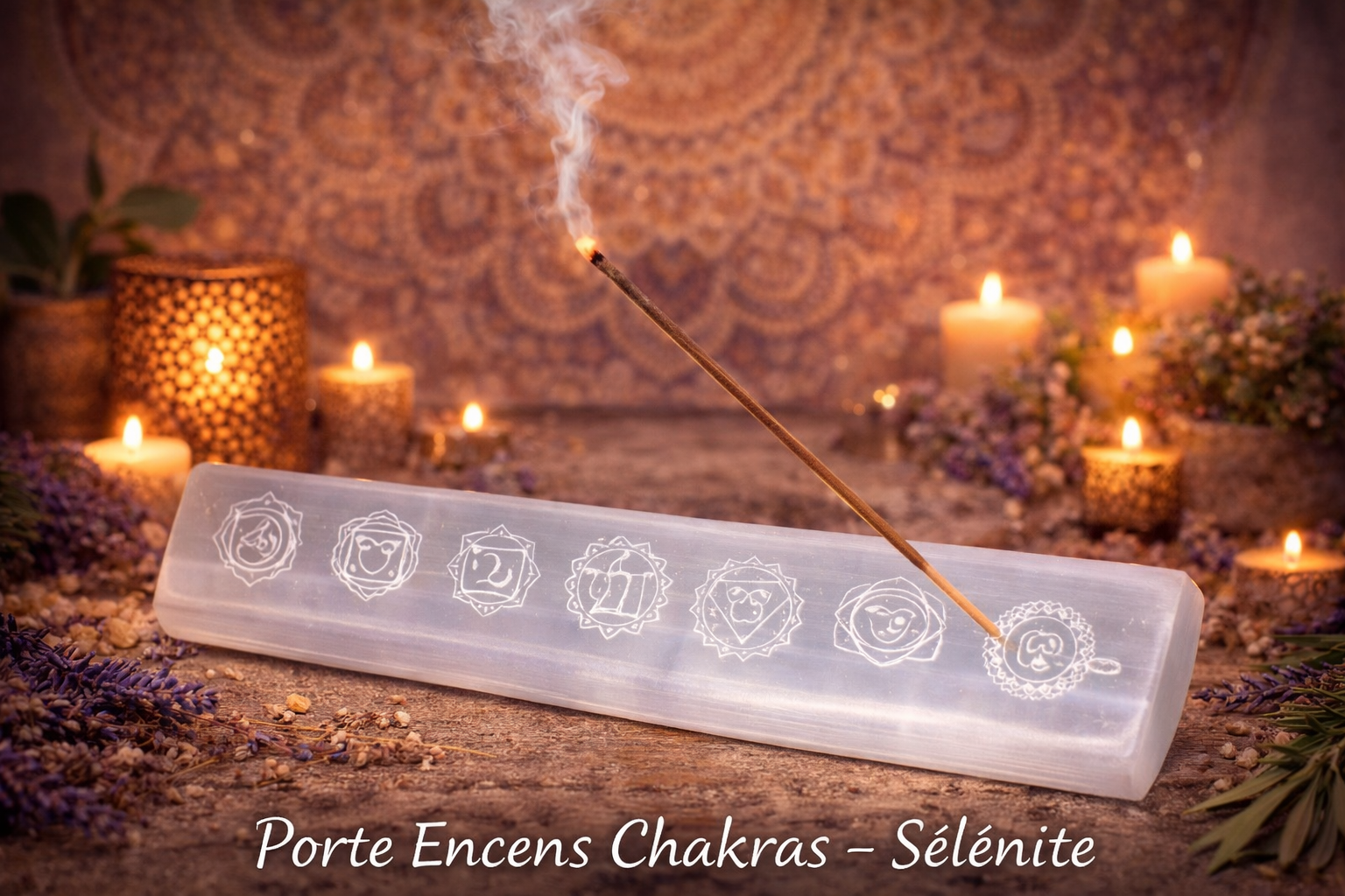 🤍 Porte-Encens Sélénite 7 Chakras – 15 cm