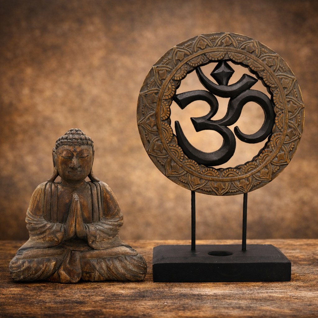 🕉️ Ensemble Bouddha Feng Shui & Symbole Om – Gris & Noir ° Bougeoir