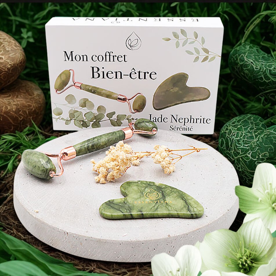 Mon Coffret Rouleau de Massage 💚Gua Sha 80 mm – Jade Néphrite