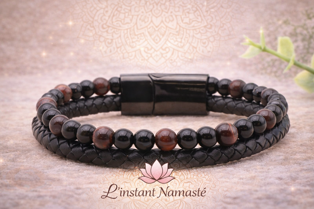 🐂 Bracelet Aska — Cuir Noir • Œil de Taureau & Onyx