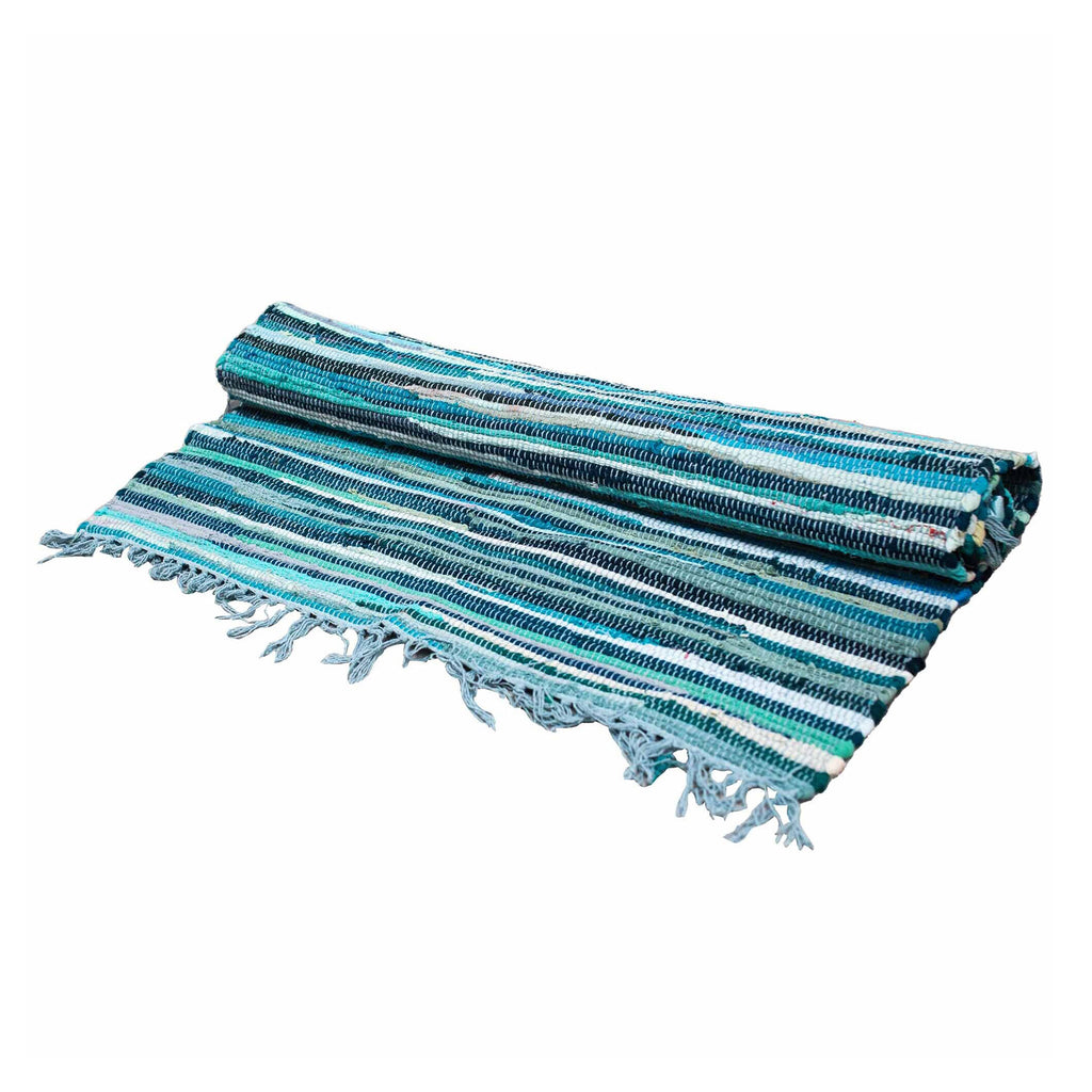 🌿 Tapis Rayé en Coton Recyclé – Turquoise & Océan