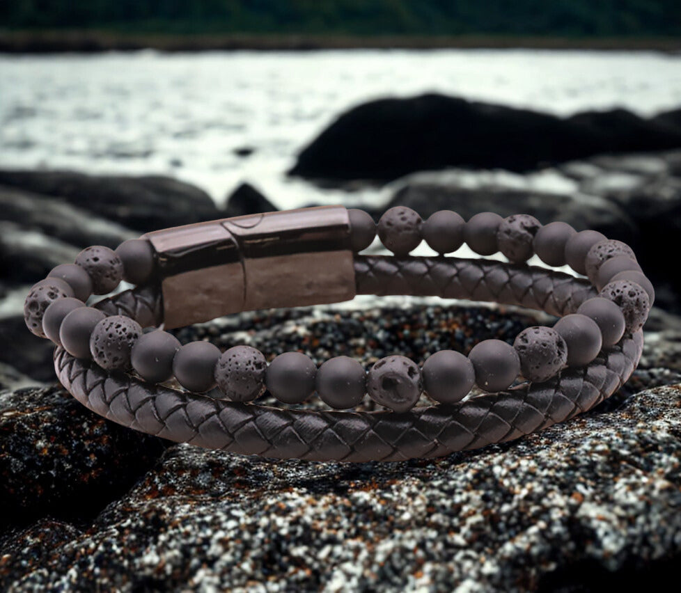 🖤 Bracelet Aska Cuir Noir avec Pierre de Lave & Shungite