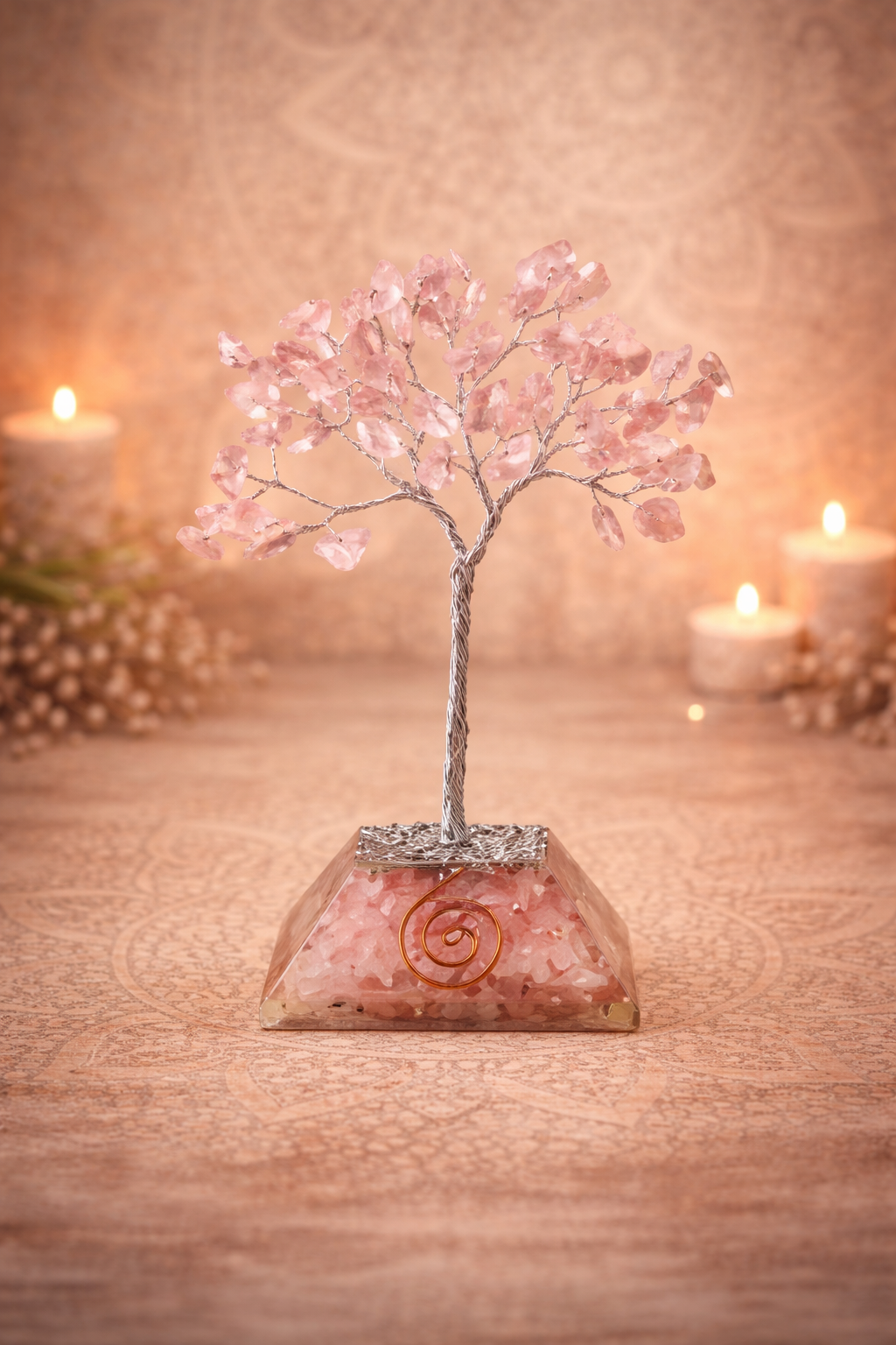 🌸 Arbre à Pierres Précieuses & Base en Orgonite - Quartz Rose