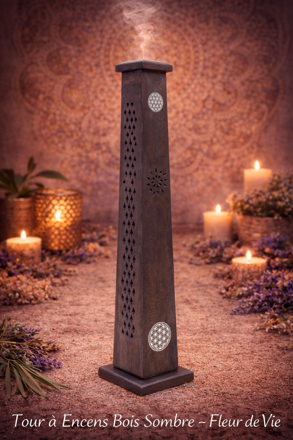 🌸 Porte-Encens Bois Tour Fleur de Vie – 30 cm