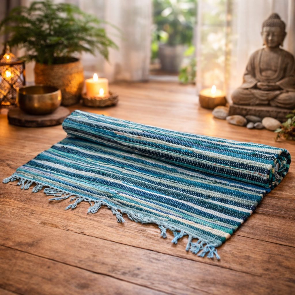 🌿 Tapis Rayé en Coton Recyclé – Turquoise & Océan