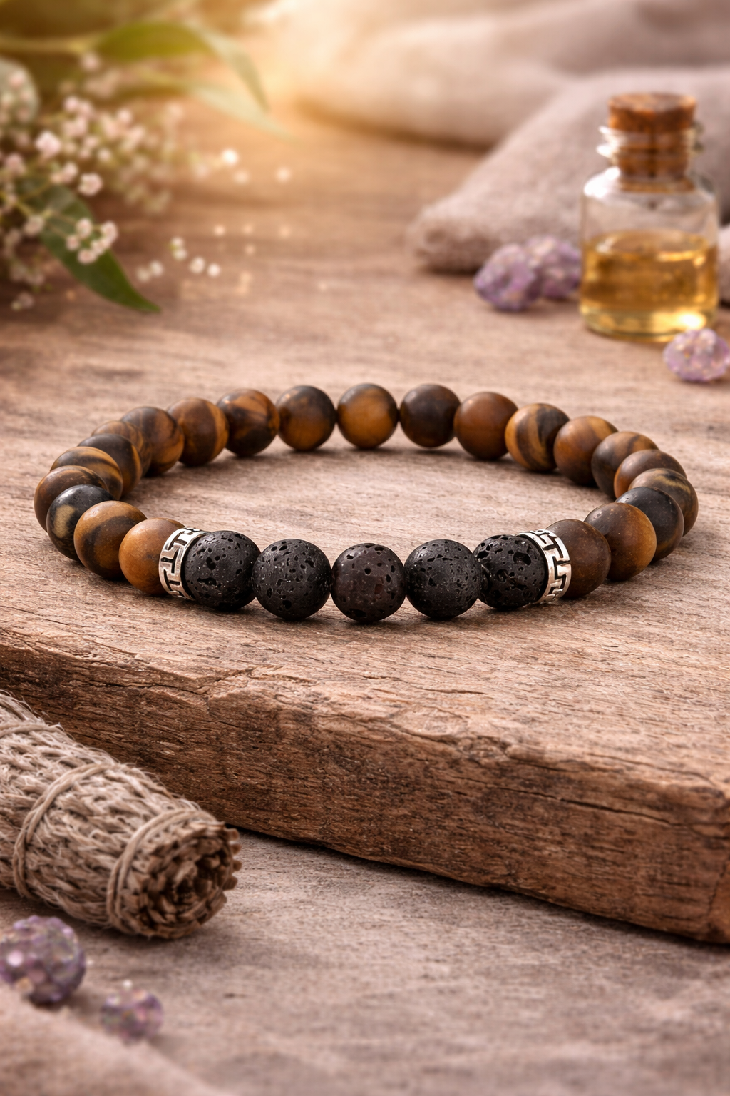 🌿 Bracelet Diffuseur d’Huiles Essentielles — Perles + Œil de Tigre 8 mm