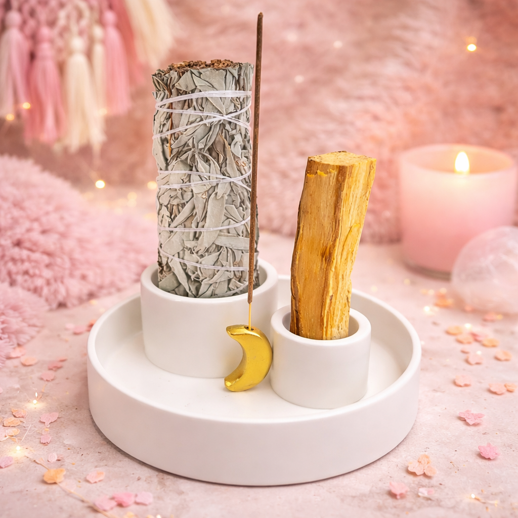 🌙 Brûleur Céramique Palo Santo, Sauge & Encens – Lune Blanche 🌙