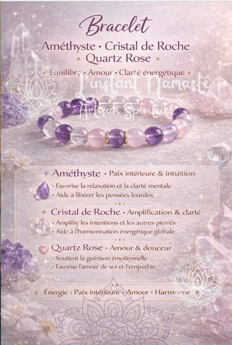 💎 Bracelet Améthyste • Cristal de Roche • Quartz Rose