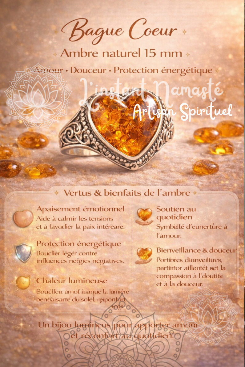 ❤️ Bague Cœur – Ambre naturel (15 mm) A
