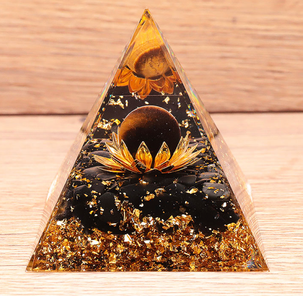 🌿 Orgonite Lotus – Œil de Tigre & Obsidienne Noire (60 mm)