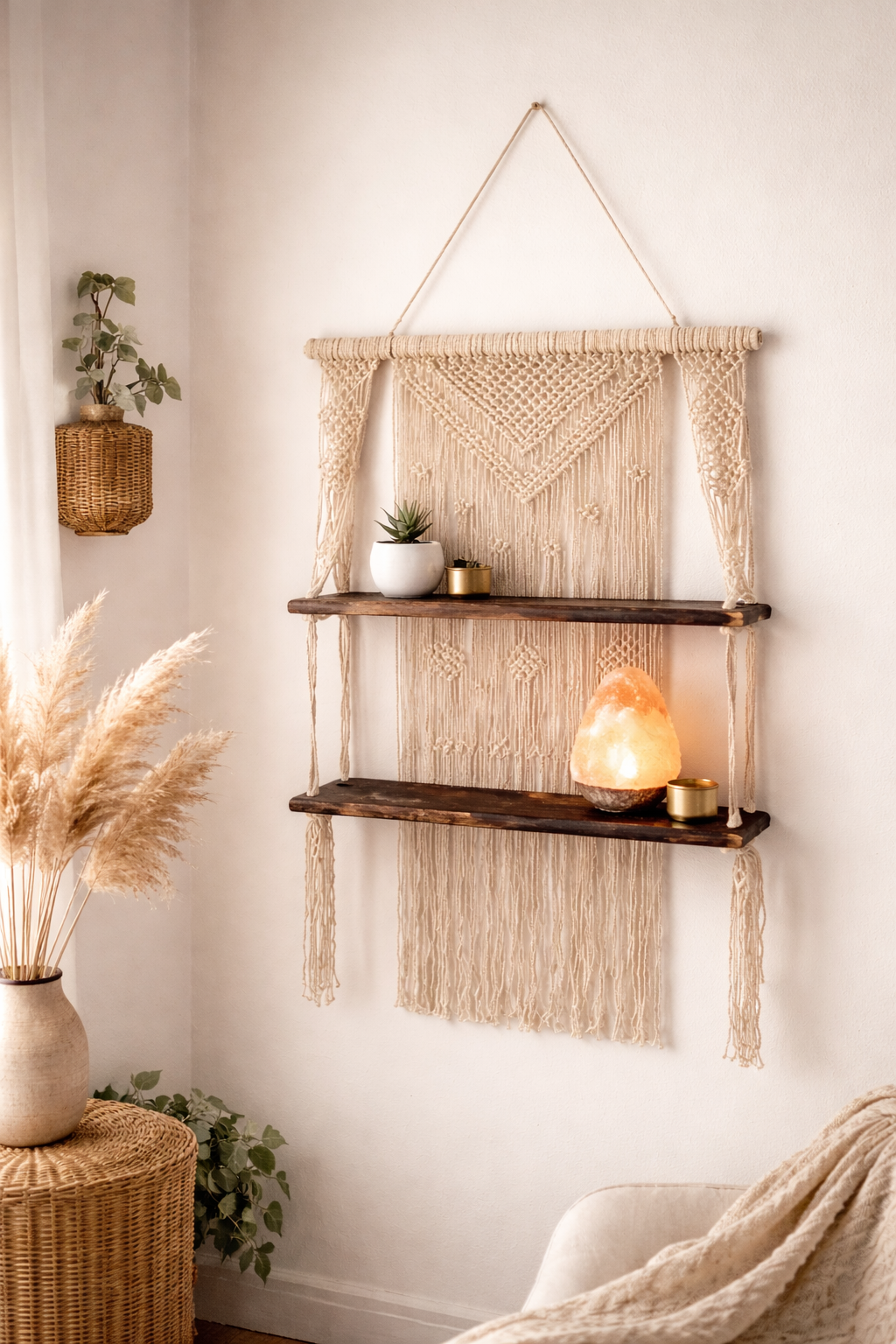 Étagère murale macramé bohème – Décoration murale artisanale en bois et coton