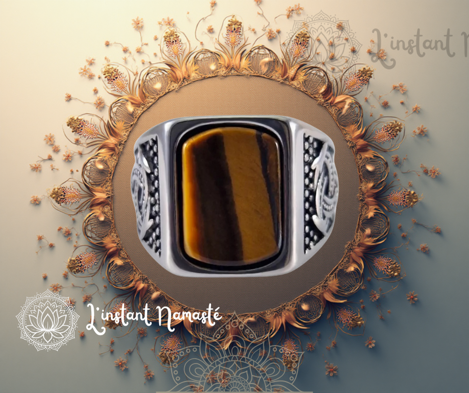 🐯 Bague Chevalière Acier – Œil de Tigre