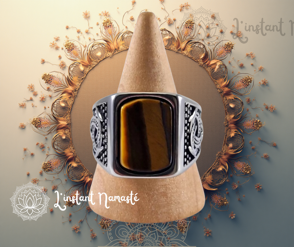 🐯 Bague Chevalière Acier – Œil de Tigre