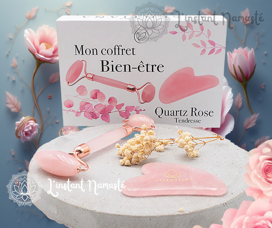 🌷 Coffret Quartz Rose – Rouleau & Gua Sha (80 mm) – Brésil 🌷