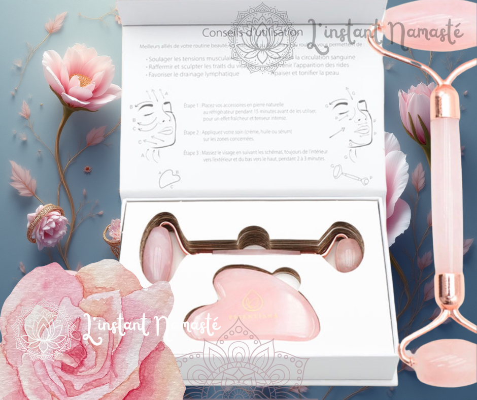 🌷 Coffret Quartz Rose – Rouleau & Gua Sha (80 mm) – Brésil 🌷