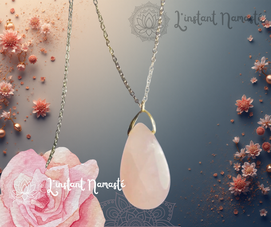 💗 Pendentif Goutte Sautoir – Quartz Rose du Brésil