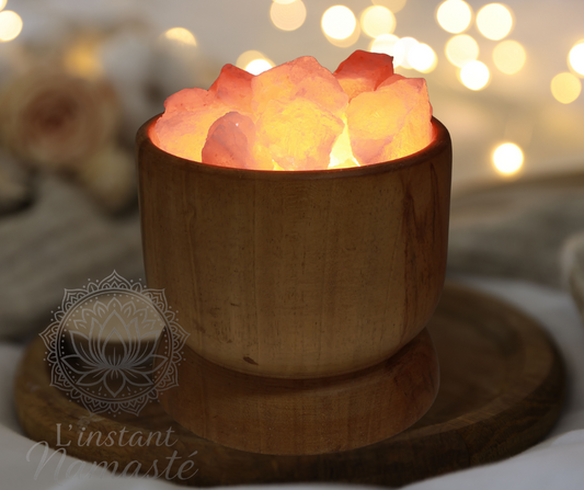 Lampe de Sel Bol en Bois &  Cristaux de Sel de l’Himalaya