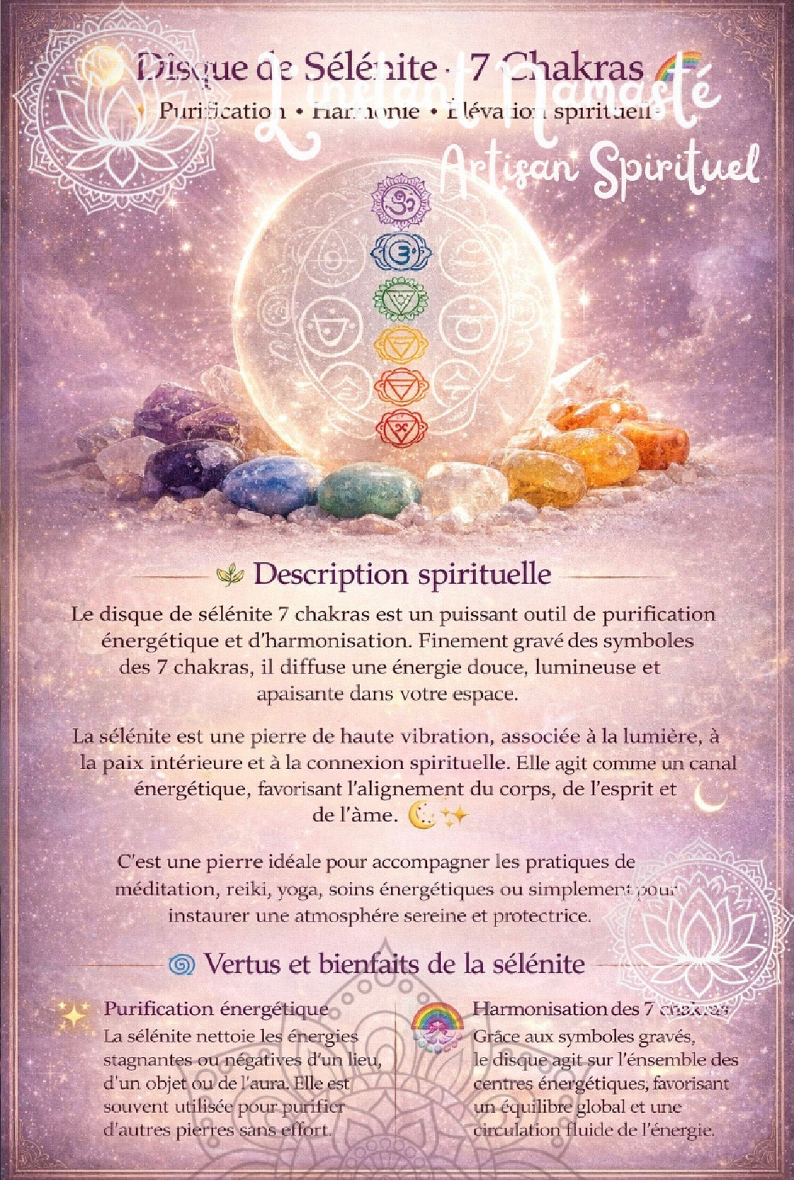 ✨🌸 Disque en Sélénite Mandala Doré – 10 cm 🌸✨