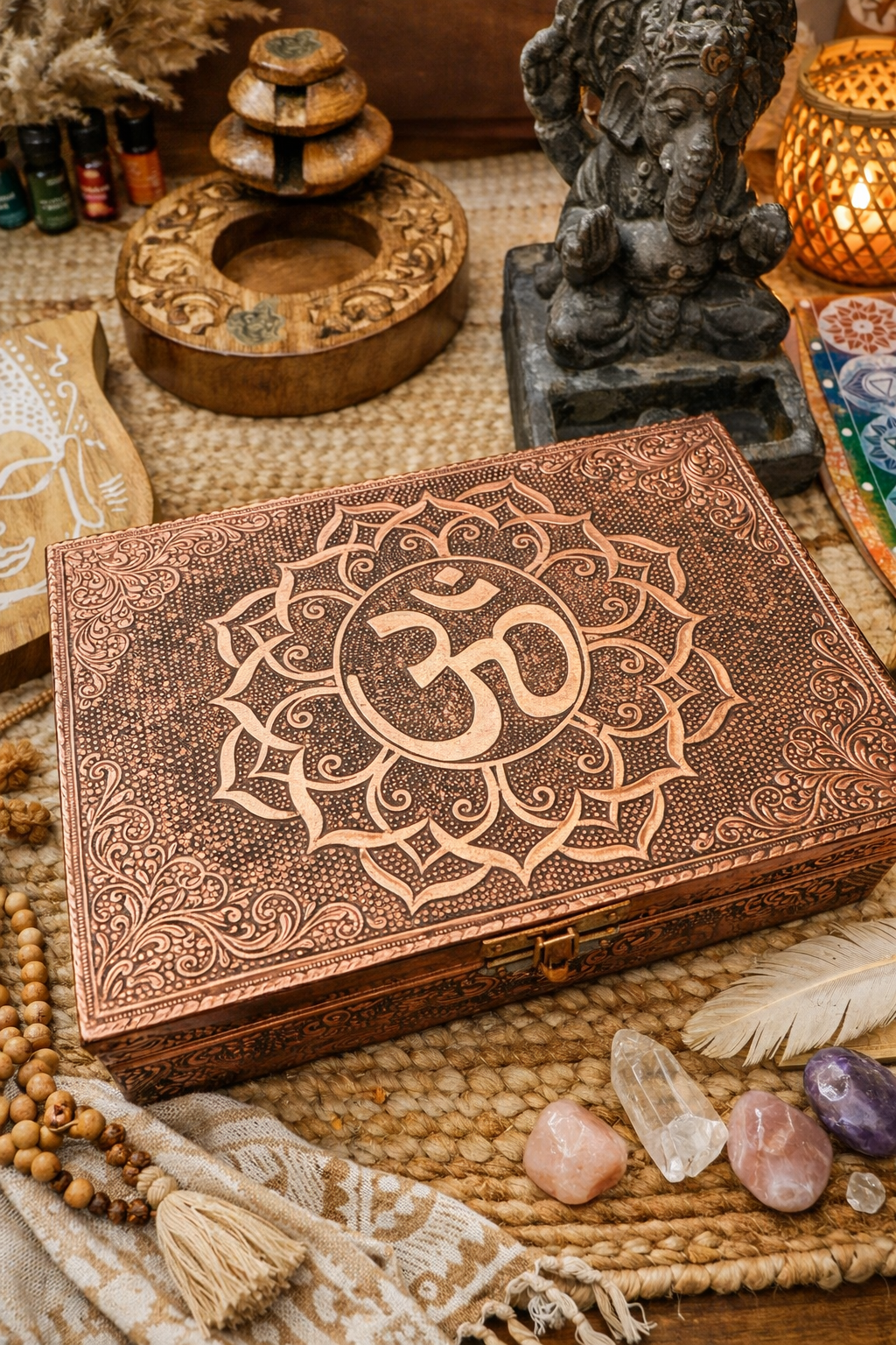 🕉️ Boîte de Tarot OM couleur cuivre – 18 × 13 × 6 cm