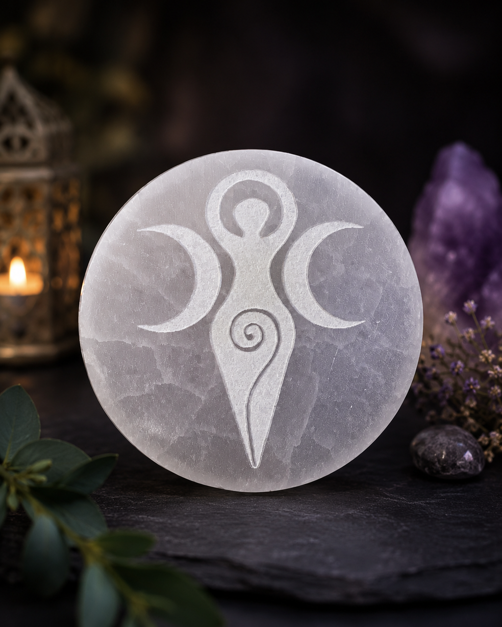🌙✨ Disque en Sélénite Déesse Lune – 8 cm ✨🌙