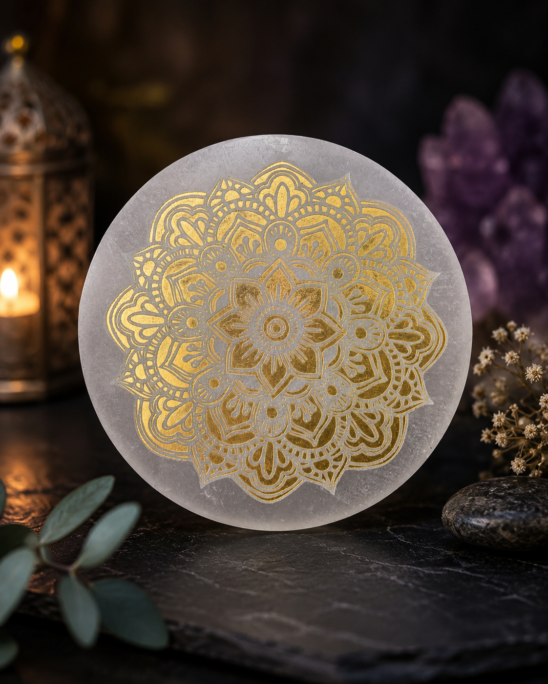 ✨🌸 Disque en Sélénite Mandala Doré – 10 cm 🌸✨