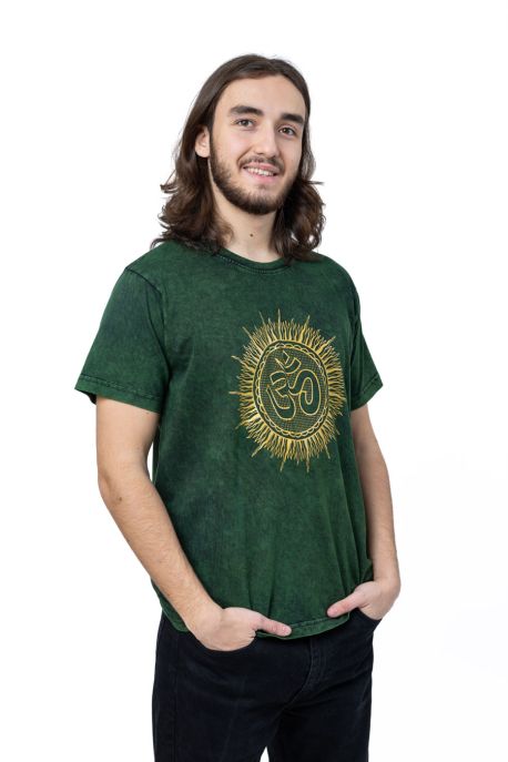 🌿 T-shirt Coton Stonewash – Vert, Imprimé Ôhm & Soleil ✨ XL-44