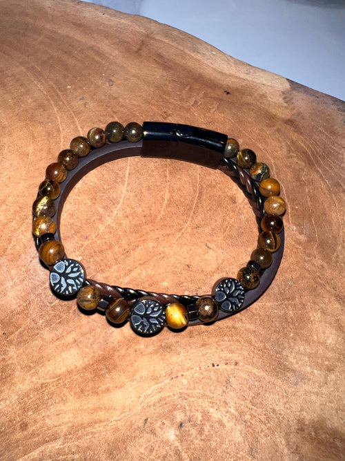 Bracelet Koru – Cuir Brun & Œil de Tigre (Qualité A) 🐅