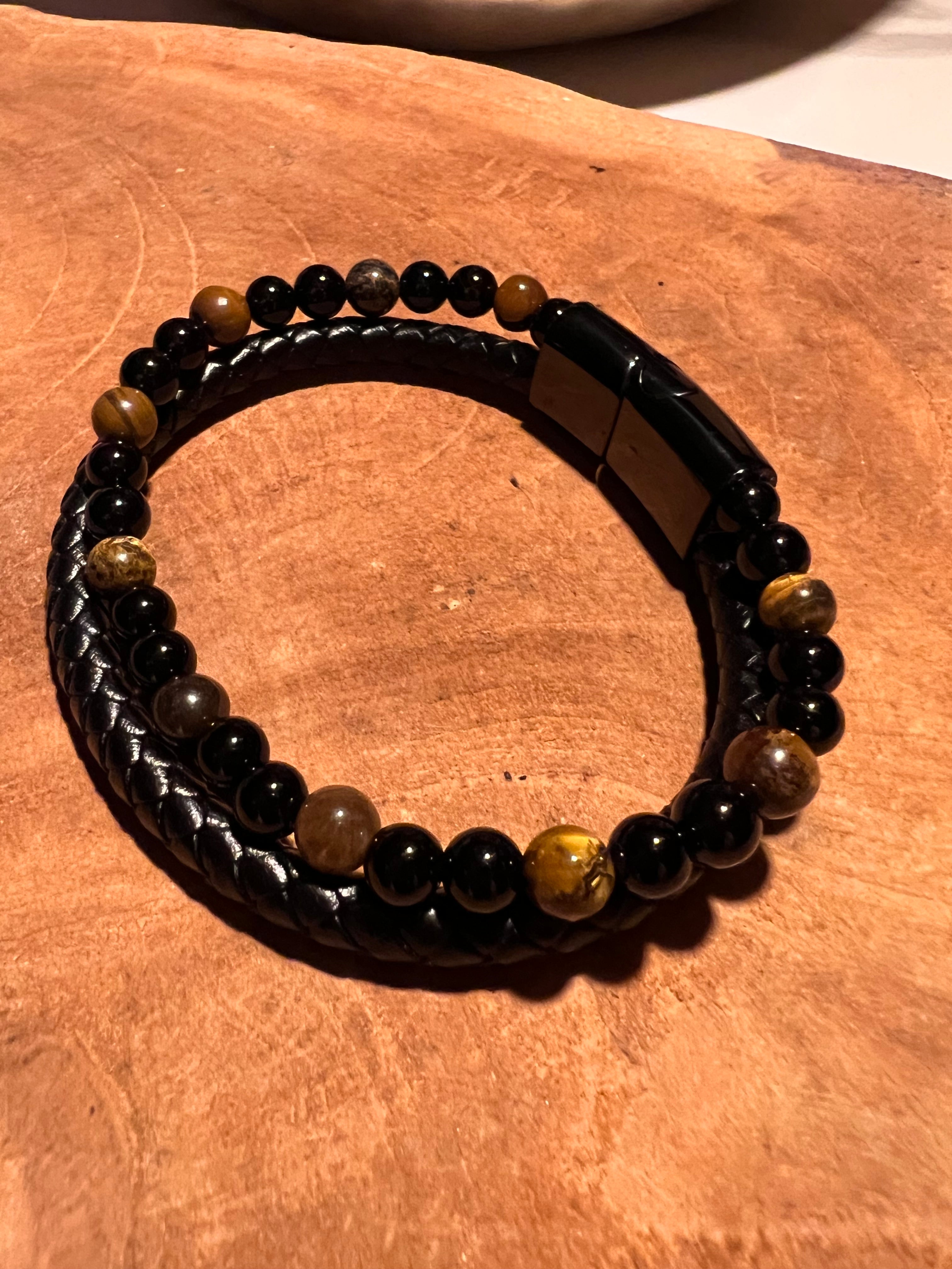 Bracelet Aska – Cuir Noir | Œil de Tigre & Onyx 🖤✨