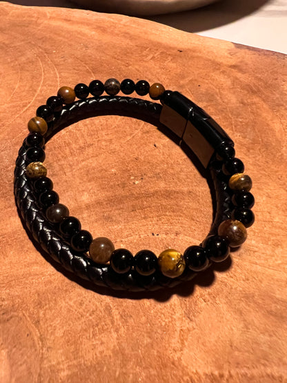 Bracelet Aska – Cuir Noir | Œil de Tigre & Onyx 🖤✨