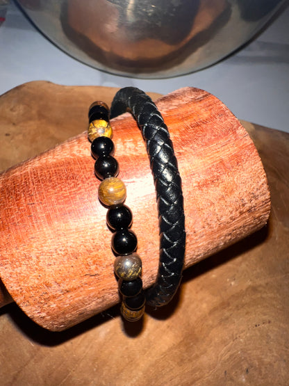 Bracelet Aska – Cuir Noir | Œil de Tigre & Onyx 🖤✨