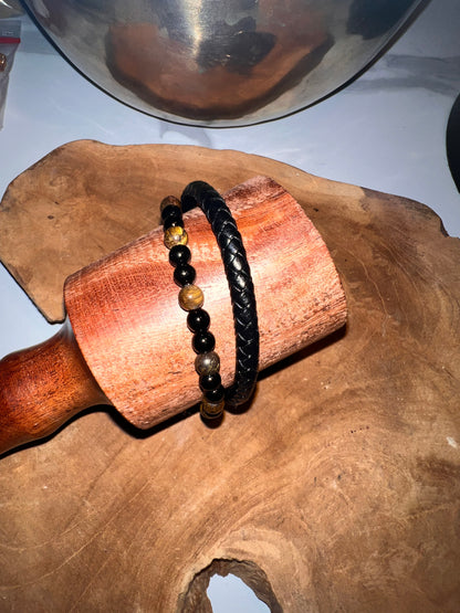 Bracelet Aska – Cuir Noir | Œil de Tigre & Onyx 🖤✨