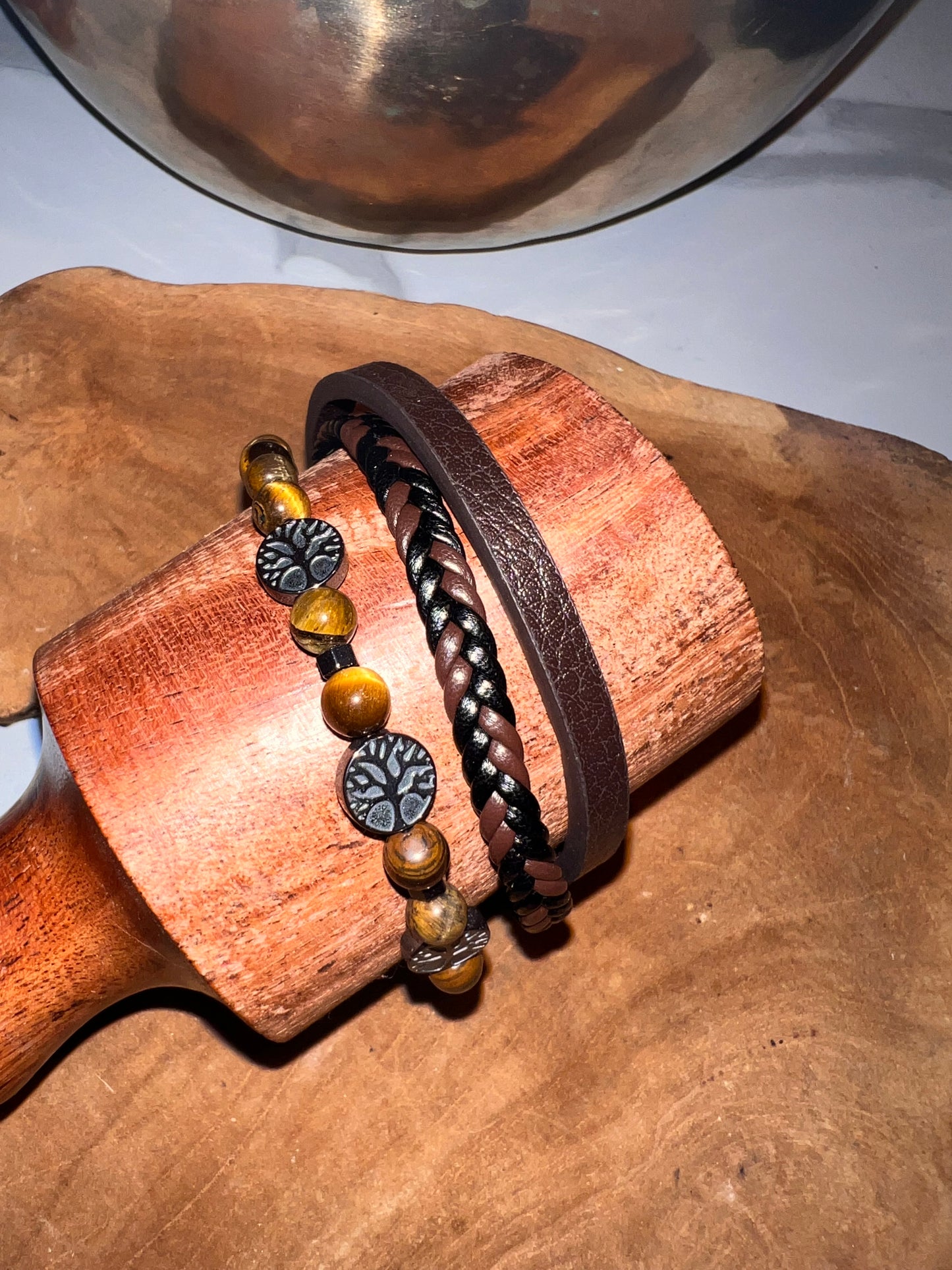 Bracelet Koru – Cuir Brun &amp; Œil de Tigre (Qualité A) 🐅
